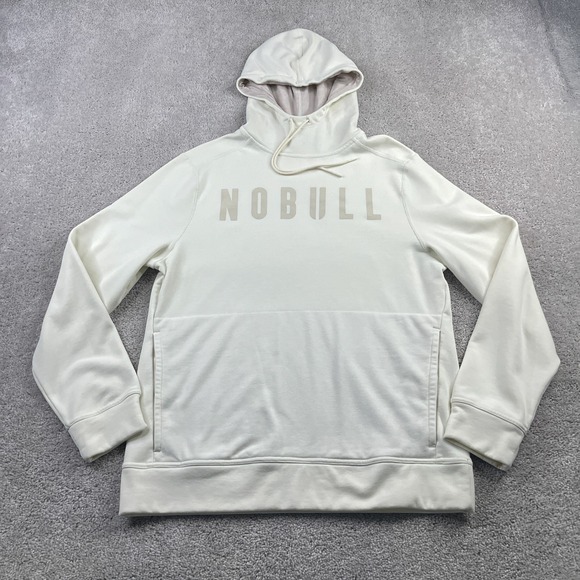NOBULL Hoodie Mens Medium Cream Crossfit Logo Pullover Sweatshirt Gym Workout - Picture 1 of 12